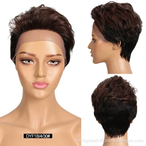 Rebecca Women Ombre Short Pixie Cut Human Hair Front Lace Wigs Dark brown Short Straight Wigs human Hd Lace Wig For Black Woman